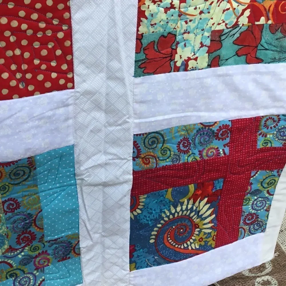 NWT Handcrafted Turquoise, Red, Yellow Quilt